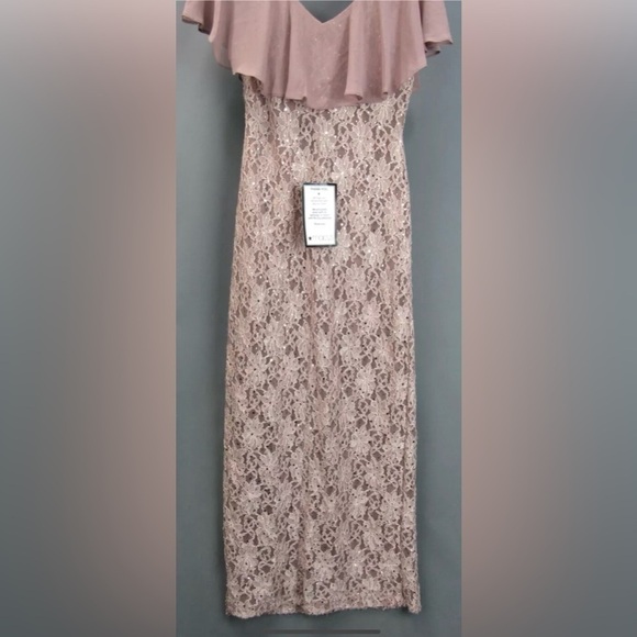 Dusty Rose Wood Connected Petite Sequin Lace Cape Gown 6P - Picture 2 of 6